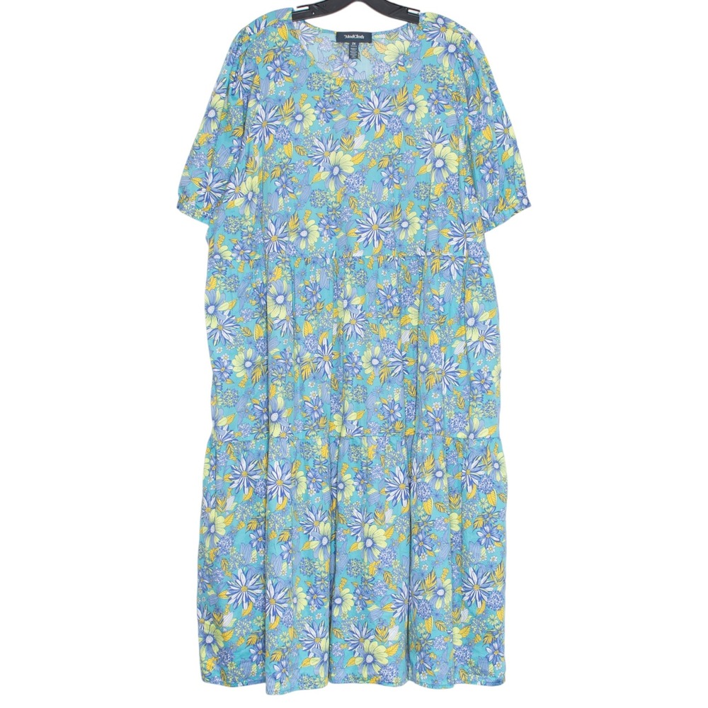 ModCloth Floral Midi Dress Tiered Boho Prairie Cottagecore Lightweight Blue 2X